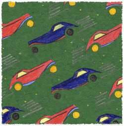 Red and navy saloon cars on green. Pastel by Ruth Wade